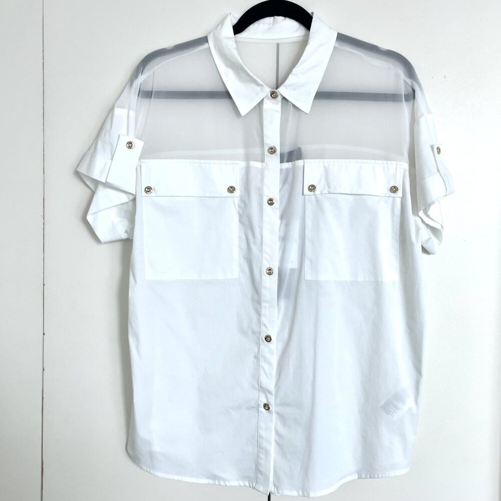 H Halston Cotton Cap Sleeve White Shirt Size M / L